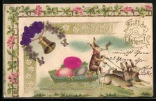 AK Osterhase auf einem Schlitten, Blumen und Osterei aus echtem Stoff 1902 