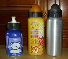 3 x Metall Trinkflasche silberfarben gelb bedruckt blau bedruckt Trinkstutzen