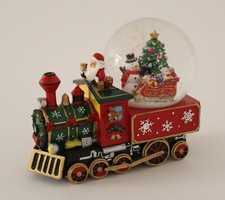 Dekorative Spieluhr / Schneekugel Lokomotive Nikolaus, Schneemann und Schlitten
