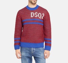 Dsquared2 Herren Strick Pullover L rot blau langarm Grobstrick Logo Rundhals