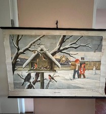 DDR Rollkarte Lehrtafel Rollbild  alte Schulwandkarte Vögel im Winter