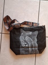 Umhängetasche handbemalt Katze, veganes Leder (PU) Schwarz, Unikat Crossbag 