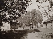 Zwei Pferde auf einem Weg in einem Gestüt Ställe Bauernhof Reitstall 1944 Foto 