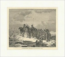 Der verunglückte Transport Pferde Schlitten Unfall Geschirr Holzstich E 4624