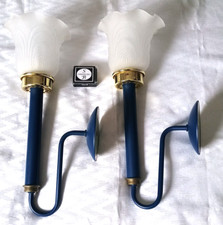 A25/41 Partylite 2er Set Kerzenhalter Wandhalter Messing blau mit Milchglas