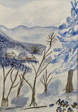 WINTERLANDSCHAFT in blau original Aquarell Bild Zeichnung mit Rahmen Bäume Natur