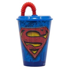 Superman Kinder Trinkbecher Mehrweg mit Deckel und Trinkhalm 430 ml BPA frei