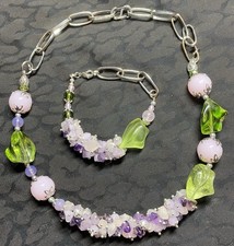 Halskette und Armband Set, Rosenquarz, Amethyst, Handarbeit