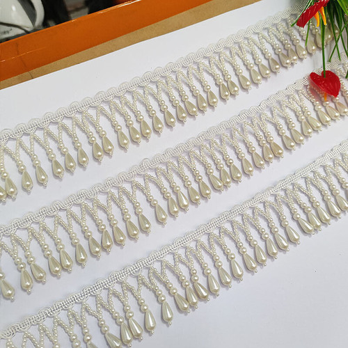 Beige perl fransenband - beige,