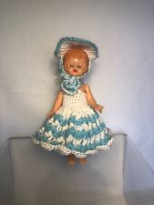 antike Babypuppe Schlafaugen gemarkt Made in Italy Storch Logo Häkelkleid 17cm