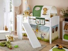 TiCAA Hochbett mit Rutsche Podestbett Ekki Kiefer Weiß inkl. Vorhangstoff NEU