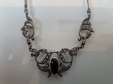 Sehr schöne, alte 925 Silber-Kette ,  Collier mit Onyx und Markasit