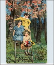 PFINGSTEN ~1915 Blumen Bouquet Kinder Junge Mädchen auf Leiter blühende Bäume