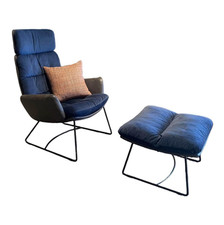 KFF Sessel Arva Lounge Stoff Seven Navy 49 Blau Rücken Leder mit Ottoman