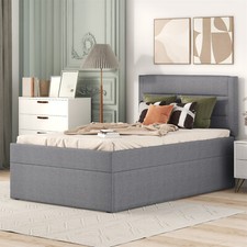 Polsterbett 90x200 cm Leinen Kinderbett Jugendbett Bettgestell mit Bettkästen