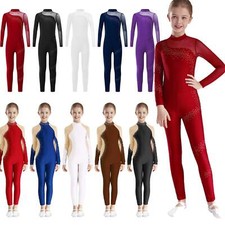 DE Mädchen Langarm Gymnastikanzug Glitzer Eiskunstlauf Kinder Ganzkörper Trikot