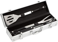 3-TEILIGES GRILLBESTECK SET IM EDELSTAHLKOFFER GRILLGABEL GRILLZANGE WENDER