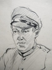 Zeichnung schwarz Stift Portrait eines Soldaten im ersten Weltkrieg WKI Militär