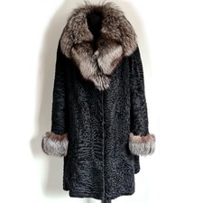 Swakara Coat Breitschwanz Mantel Jacke Kragen Silberfuchs schwarz  XXL