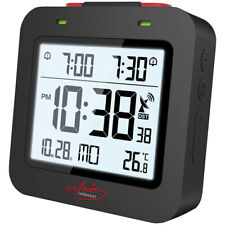infactory Digitaler Reise-Funkwecker mit Thermometer, Datum, Dual-Alarm, schwarz