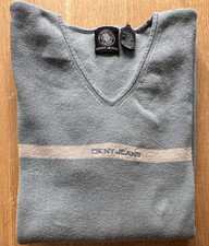DKNY Designer Pullover Pulli Gr L blau / türkisblau mit beigen Streifen