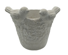 Blumentopf aus Ton oder Stein, Pflanzentopf mit Vogeldeko, Grau-Weiß