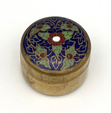 Vintage Pillendose Antik Emaille Blumen Messing Schmuckschatulle Box RAR #3640