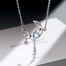 Blaue Kristall Mondkette Halskette Kette Anhänger Sterling Silber 925 Mond Mode 