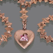 Kette Herz Anhänger PUTTO Engel GOLD DOUBLE Emaille JUGENDSTIL ZEIT Herzanhänger