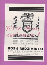 BERLIN, Werbung 1928, Bös & Radziminski Herren-Hüte Wolle Marke Bora