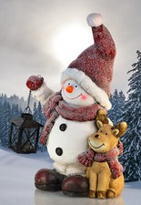Schneemann Johannes mit Rentier Max - Winterdeko Figur mit Teelicht Laterne 43cm