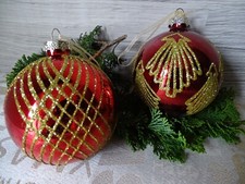 2 edle Glas Christbaumkugeln-rot-Gold Glitter-Baumschmuck--Ø 8 cm--Kugel--PK42 *