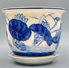 Antiker Qinghua Keramik Blumen Pflanz Topf Blau Weiß China mit Schale Seerosen