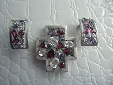 Anhänger Kreuz + Ohrstecker Rhodolit, Iolit Bergkristall Silber 925 Conny B.