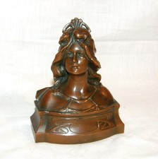 antike FRAUEN-BÜSTE , JUGENDSTIL um 1920, Metall verkupfert, sign. RENARD -6022