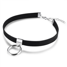 Schwarze Choker Halskette mit Ring, 32–40 cm verstellbar Damen Halsband