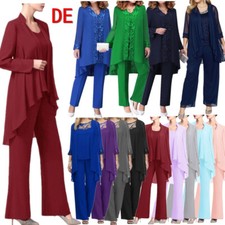 DE Damen Hose Anzüge 3 Stück Chiffon Outfit für Hochzeit Gast Abend Party Kleid