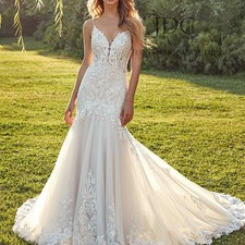 Edles Mermaid Spitze Brautkleid Hochzeitskleid 32-60 Knöpfe Träger Top Qualität