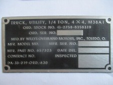 Typenschild Schild Willys Jeep M38A1 M 38 truck utility Oldtimer s77 aluminium