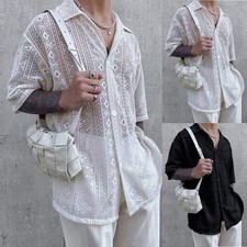 Männer Einfarbige Spitzenhemden halbe Ärmel Clubwear durchsichtige Shirts