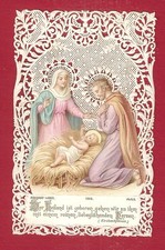 Spitzenbild Jesuskind i.d. Krippe Maria und Joseph knieend davor- Bouasse-Lebel