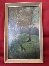 "WALDLICHTUNG MIT REH" Kleines, uraltes, originales LANDSCHAFTSGEMÄLDE, P. Wilke