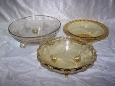 Kristallschale geschliffen Schneckenfüße + 2 Schüsseln Pressglas bernsteinfarben
