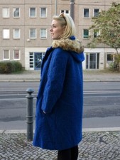 Damenmantel Jacke blau Kapuze mit Fellbesatz 60er True VINTAGE 60s ladies coat 