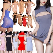 DE Frauen Glossy See Through Dessous Kleid Stretch Mini Kleider Nachtwäsche Sexy