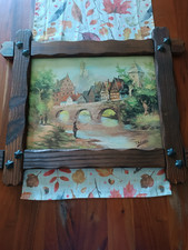 Sehr Schönes  altes Wandbild "Landschaft am Fluß" im  Holzrahmen