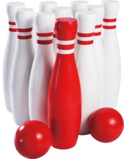 64023 Bowling Set aus Holz 12-teilig 10 Kegel + 2 Kugeln rot / weiß Kegeln
