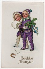AK  Neujahr, Kinder in schicken Sachen mit Muff und Blumen