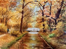 Aquarellbild Original 40x30 cm, Landschaft, Spaziergang im Park