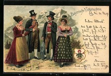 Lithographie Personen in bayerischer Tracht, Münchner Kindl 1898 
